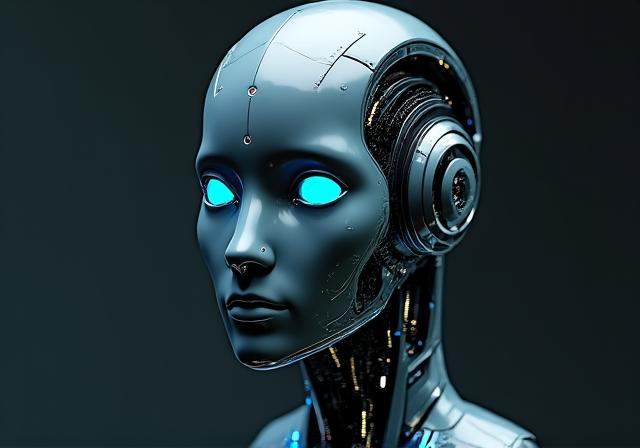 Close up of a sleek, advanced NovaBotics humanoid head showing glowing cyan eye sensors
