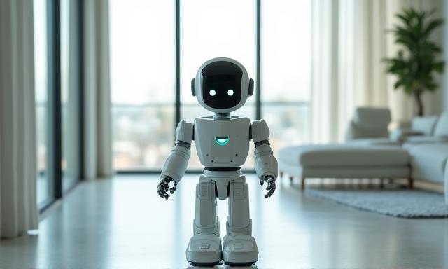 NovaBotics Model A1 domestic robot assisting with household tasks in a stylish futuristic apartment