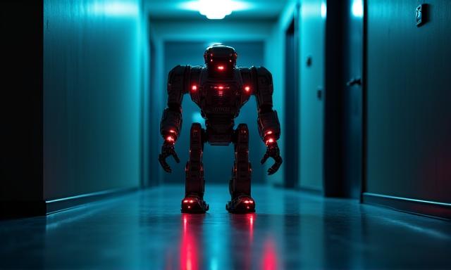 NovaBotics Model A2 security-focused robot scanning a room with subtle laser patterns