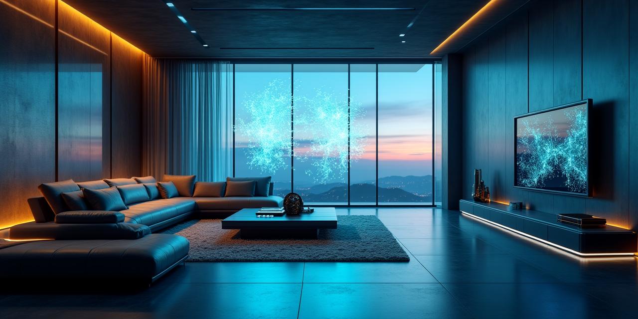 A sleek futuristic home interior with holographic domestic interface