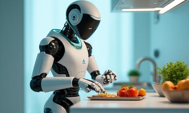 A sleek robotic assistant helping in a modern kitchen