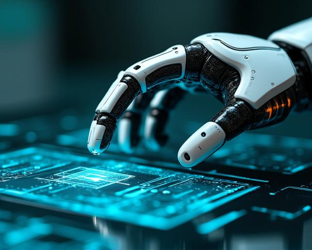 Close up of a highly detailed robotic hand interacting with a digital interface