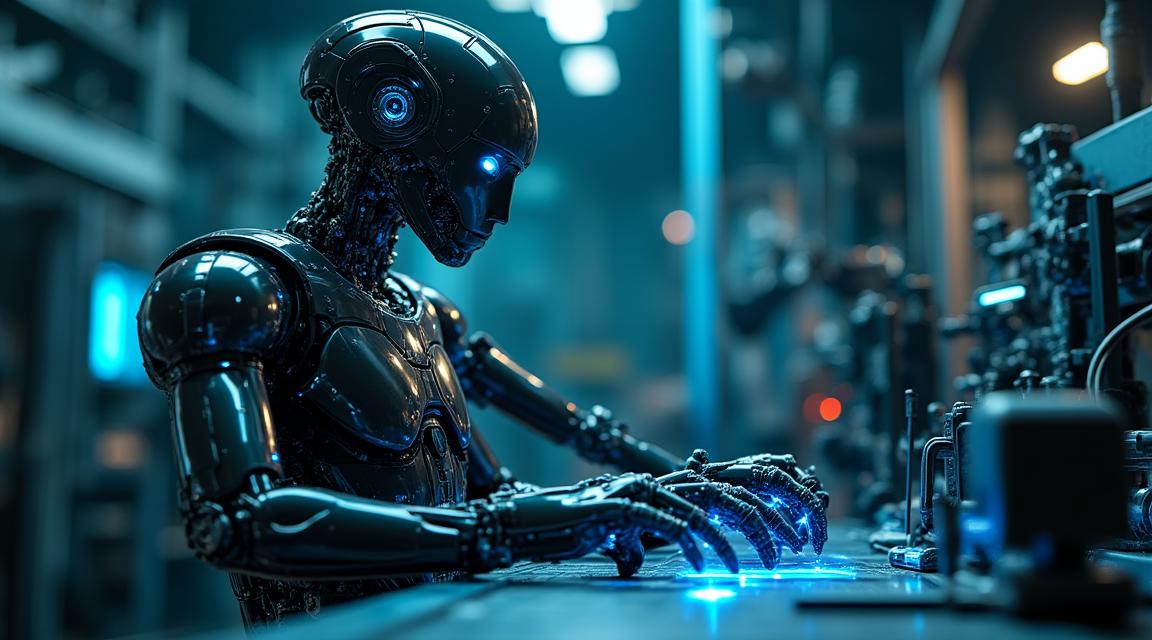Futuristic robotic arm and AI interface in a high-tech lab