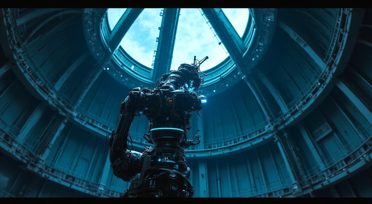 Futuristic robotic arm cleaning a massive glass mirror in a mountain-top observatory